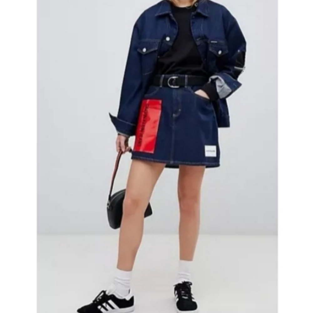 Calvin Klein Jeans Premium Italian Denim Skirt - Vinyl Sleeve Logo - Dark Rinse